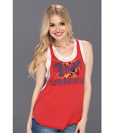 Free People Lace and Stripe Graphic Tank Red Combo