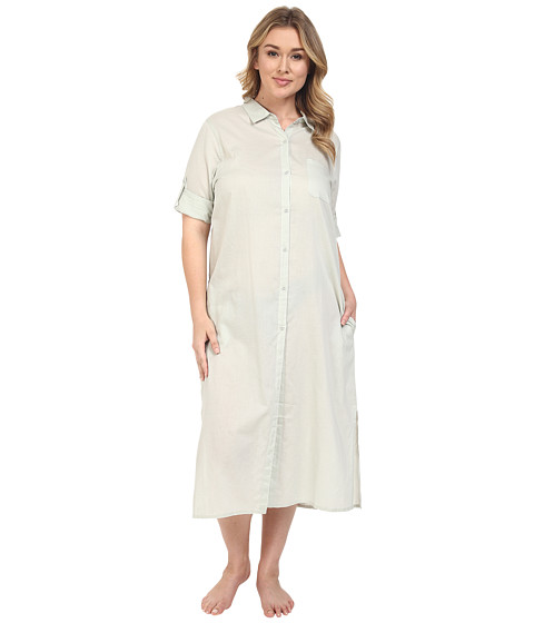 Yummie by Heather Thomson Plus Size Cotton Voile Mandarin Button Down Dress w/ Side Vents 