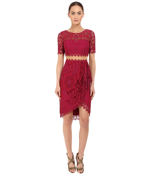 Marchesa Notte Short Sleeve Re-Embroidered Lace Cocktail with Draped Skirt and Sheer Waist 