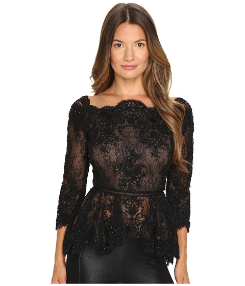 Marchesa Off the Shoulder Beaded Lace Peplum Top with 3/4 Sleeves and Lace Ladder Detail 