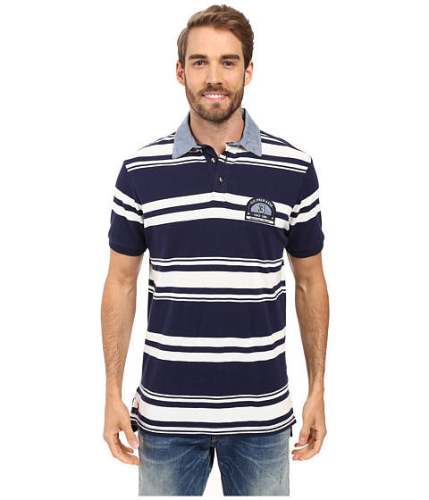 U.S. POLO ASSN. Bar Code Stripe Pique Polo Shirt with Chambray Collar 