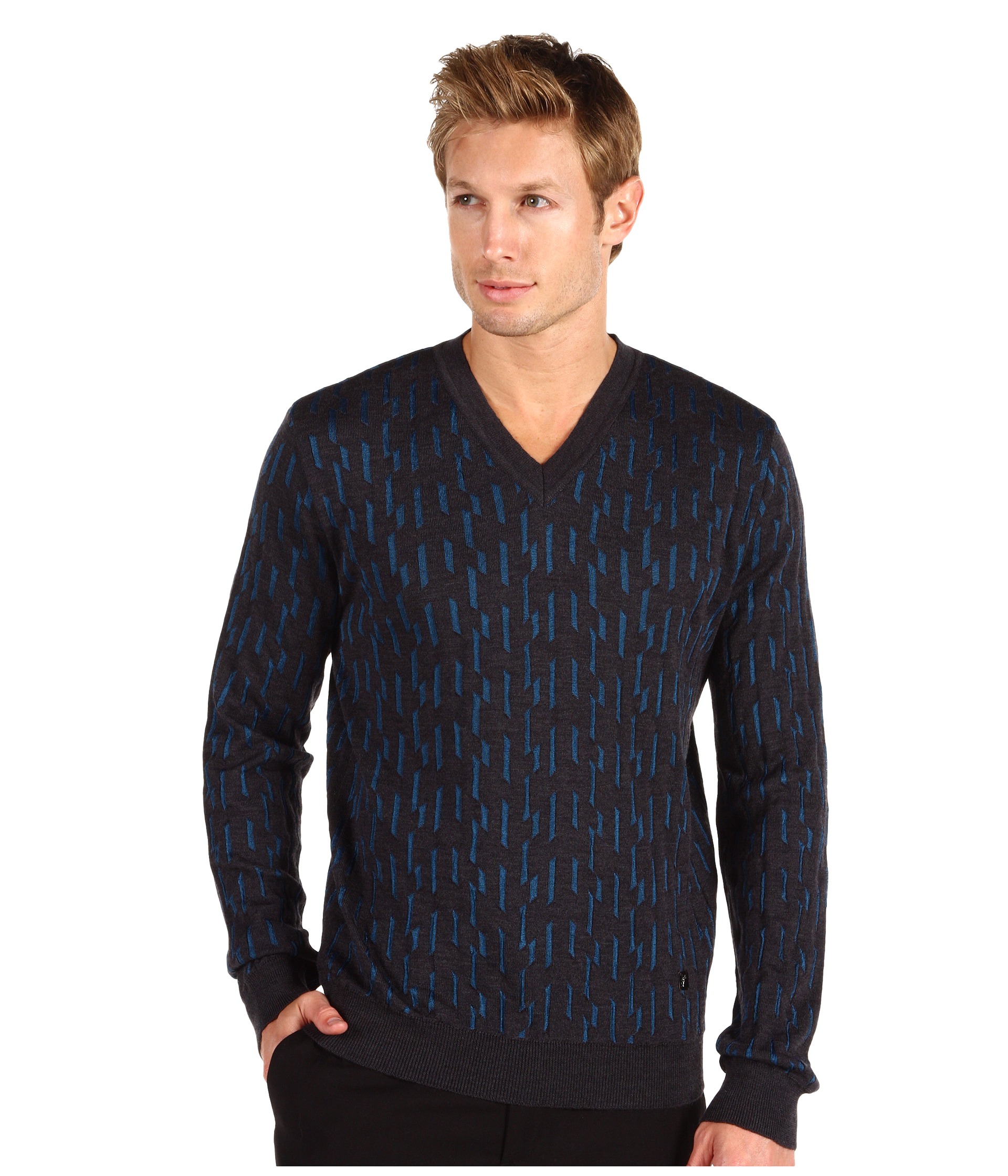 Versace Collection Long Sleeve V Neck Jacquard Sweater    