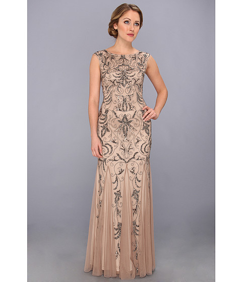 ADRIANNA PAPELL 091880660 Nude Buff Beaded Lace Evening Gown Dress Size ...