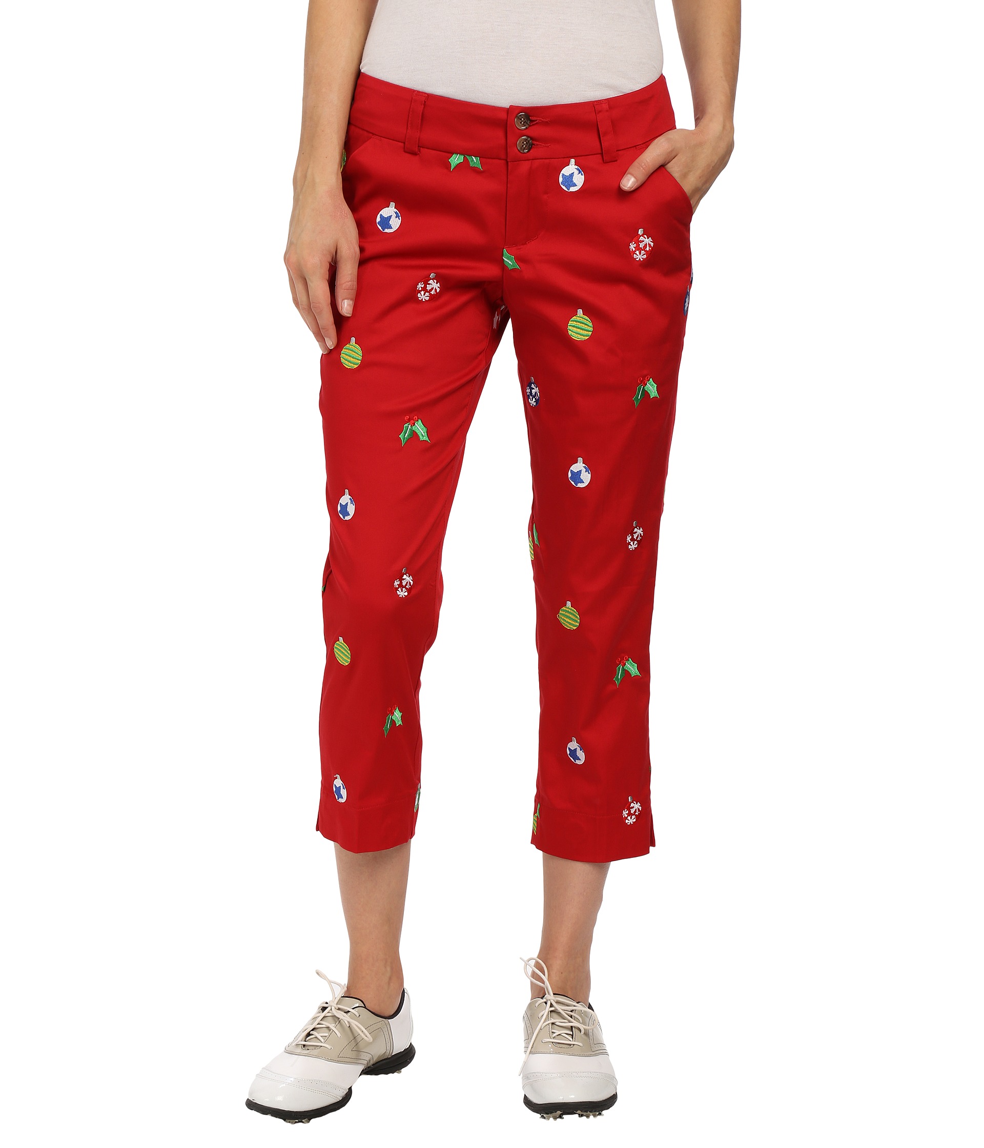 Loudmouth Golf Deck the Halls Capris Christmas Red