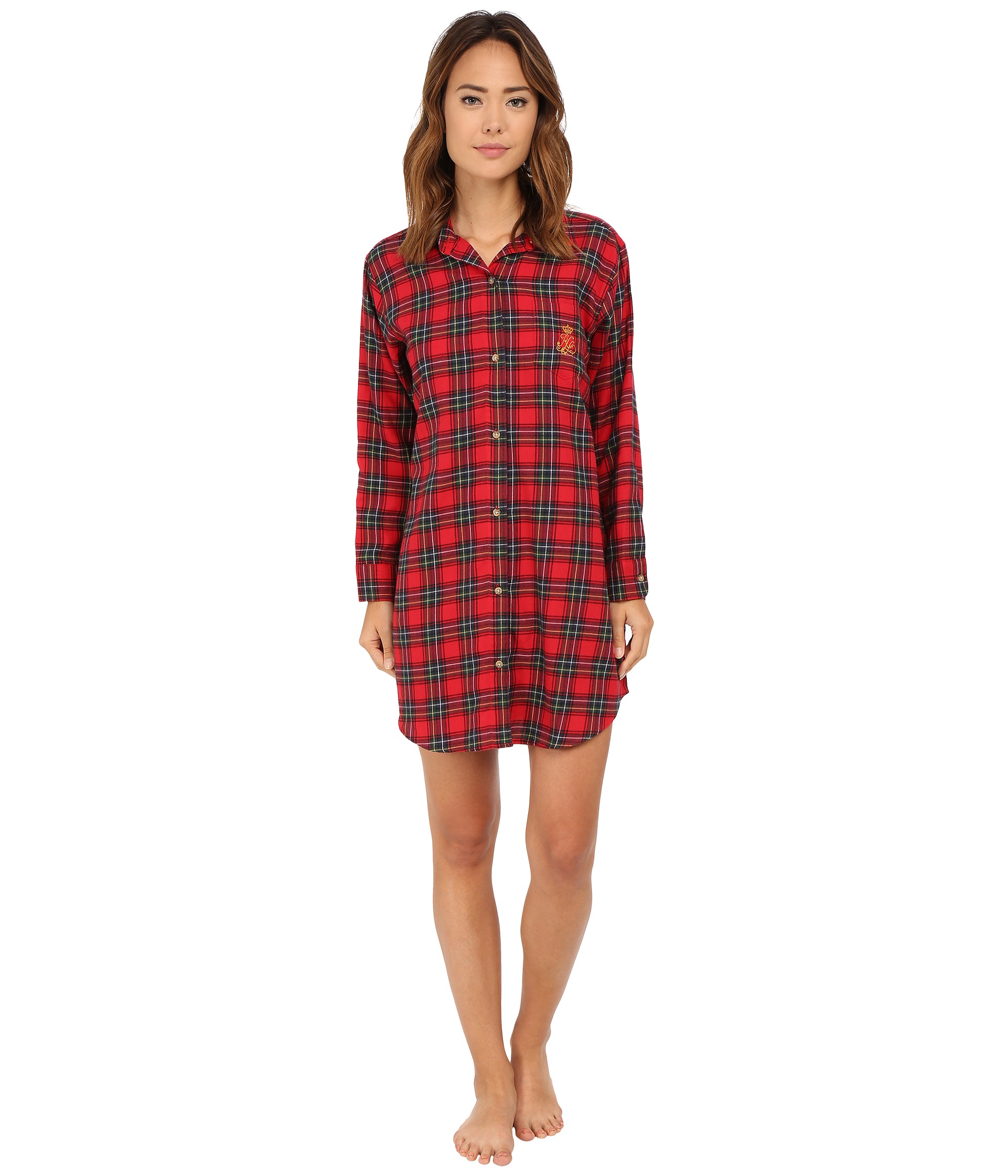 LAUREN Ralph Lauren Brushed Twill Sleepshirt Anderson Plaid Holiday Red Multi