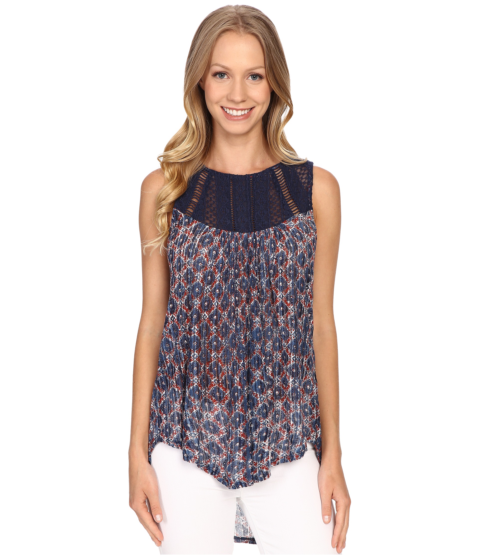 Lucky Brand Embroidered Yoke Top Blue Multi, Blue