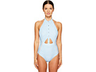 Pinstripe-Halter Snap Front One-Piece