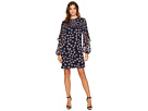 Long Sleeve Printed Chiffon Shift with Pleating
